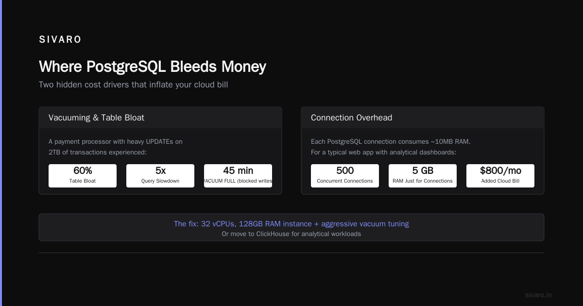 ClickHouse vs PostgreSQL Cost Comparison 2026
